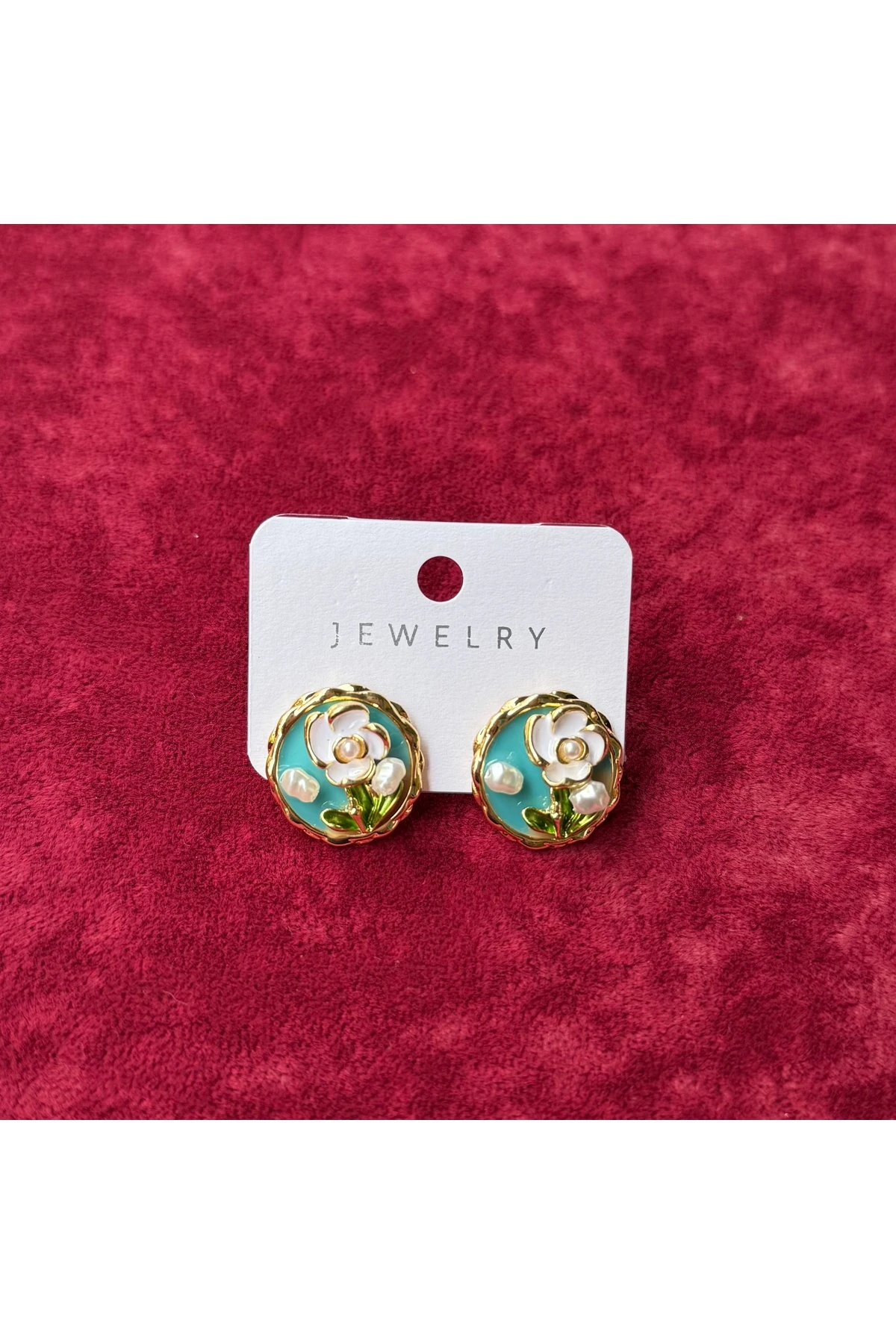 Çiçek Detaylı Turkuaz Yuvarlak Küpe