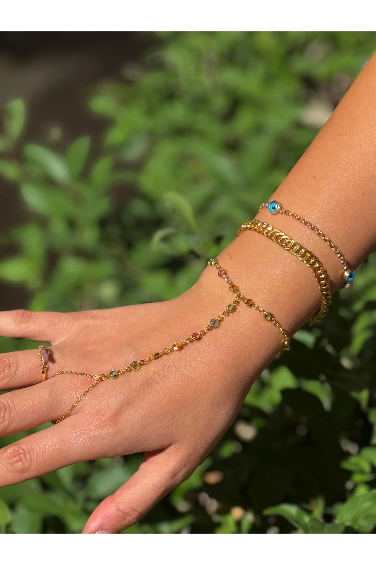 Altın Kaplama Renkli Taşlı El Bileziği (Hand Chain)