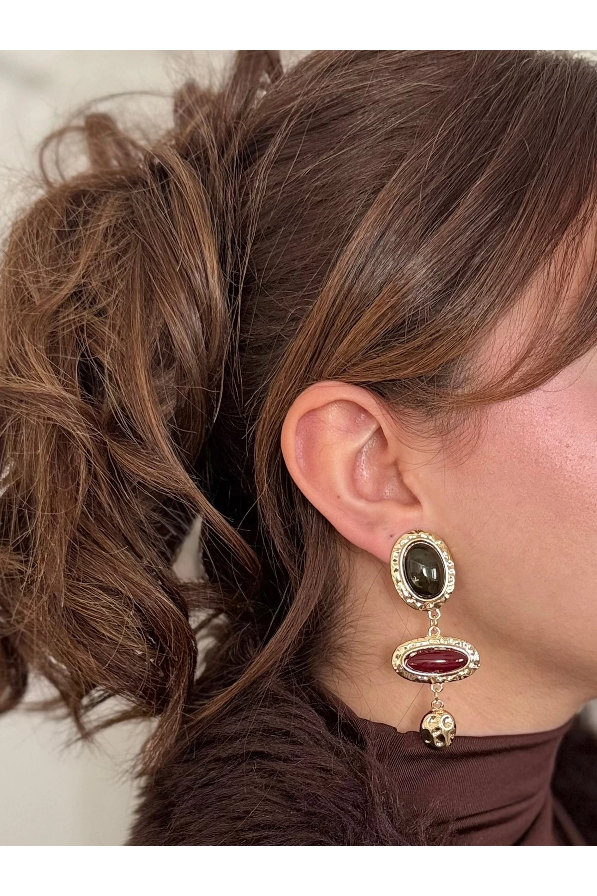 Siyah & Bordo Taşlı Lüks Sarkıt Küpe