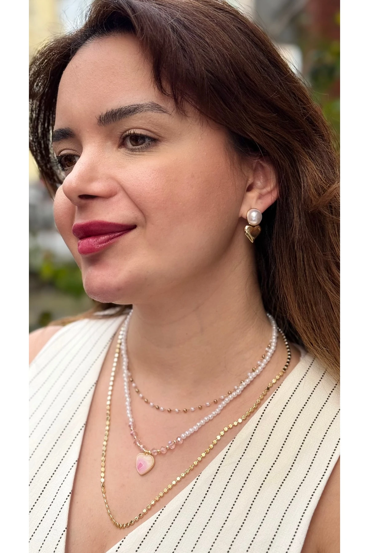 Pembe Kalp Figürlü İnci & Gold 3’lü Kolye Kombini