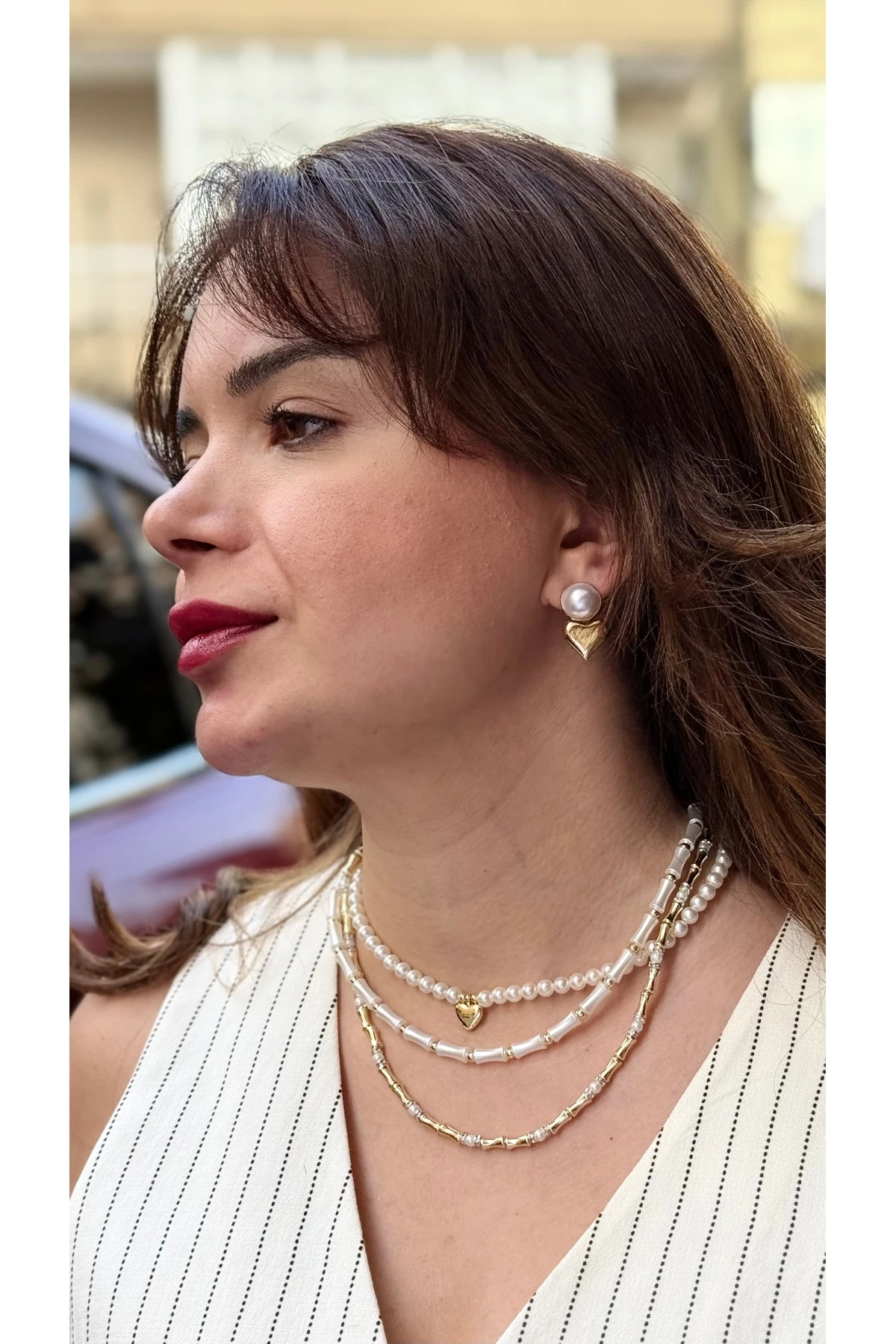 İnci & Gold Kalp Detaylı 3’lü Kolye Kombini