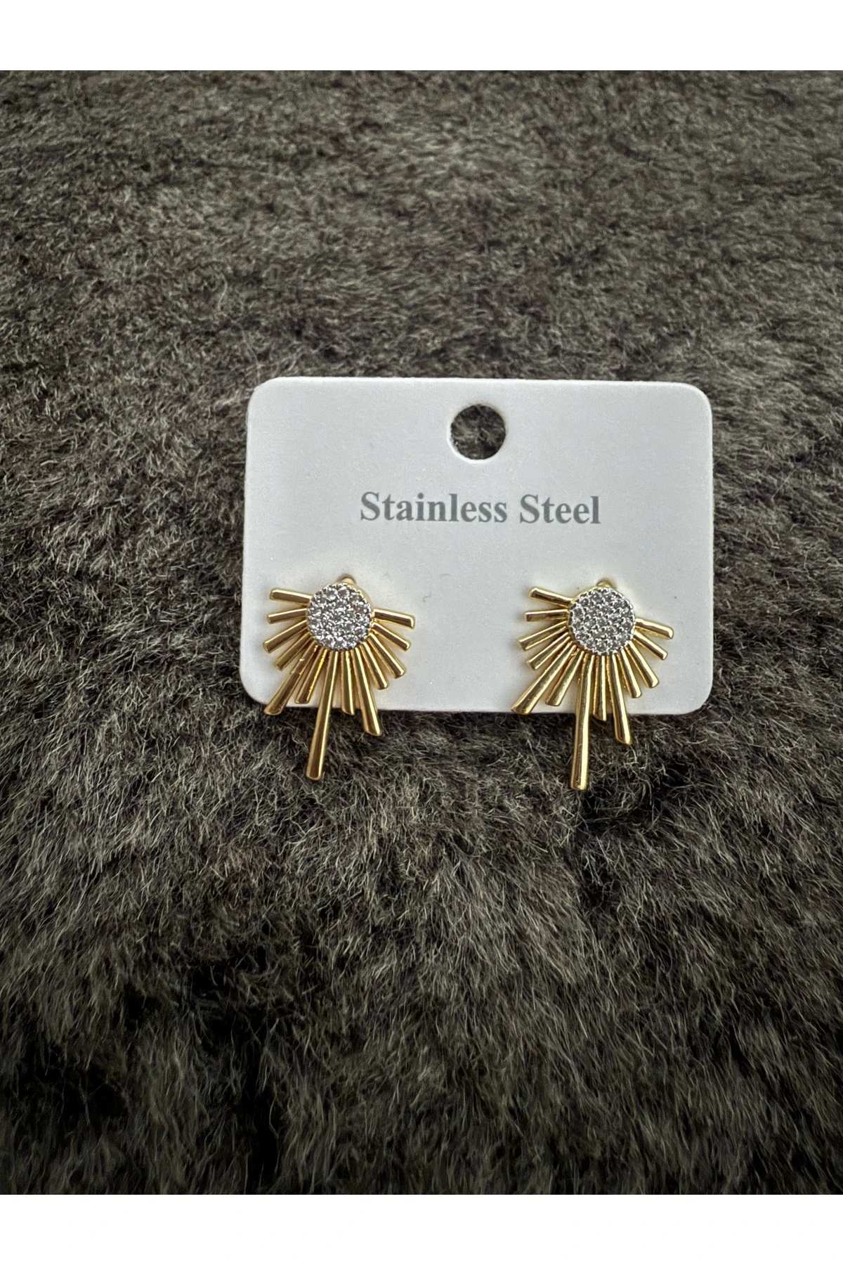 Güneş Model Taş Detaylı Küpe - Paslanmaz Çelik, Gold