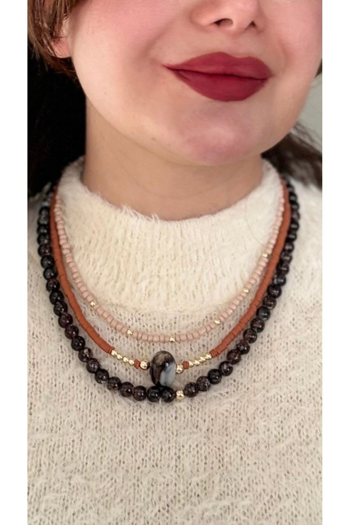 3'lü Bohem Katmanlı Garnet Doğal Taş Kolye Seti - Trendy Tasarım