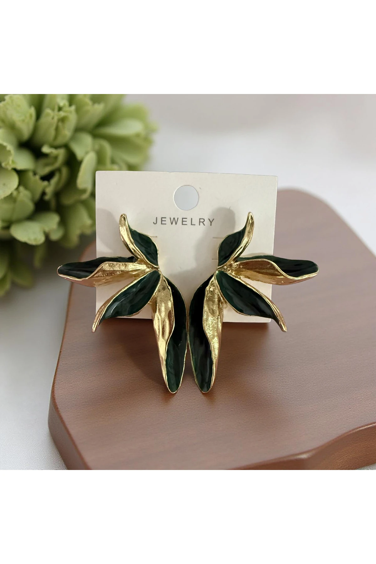 Orman Yeşili Mineli, Gold Yaprak Küpe