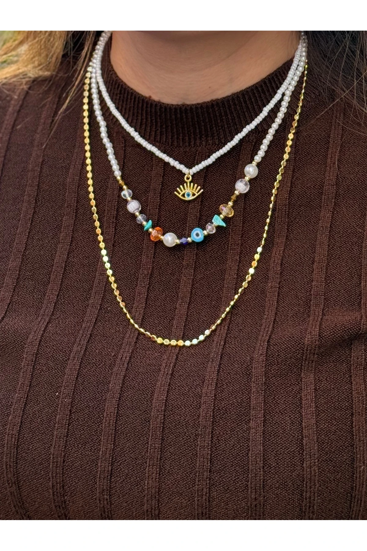 Renkli Taşlı Nazar Göz Figürlü 3’lü Kolye Kombini