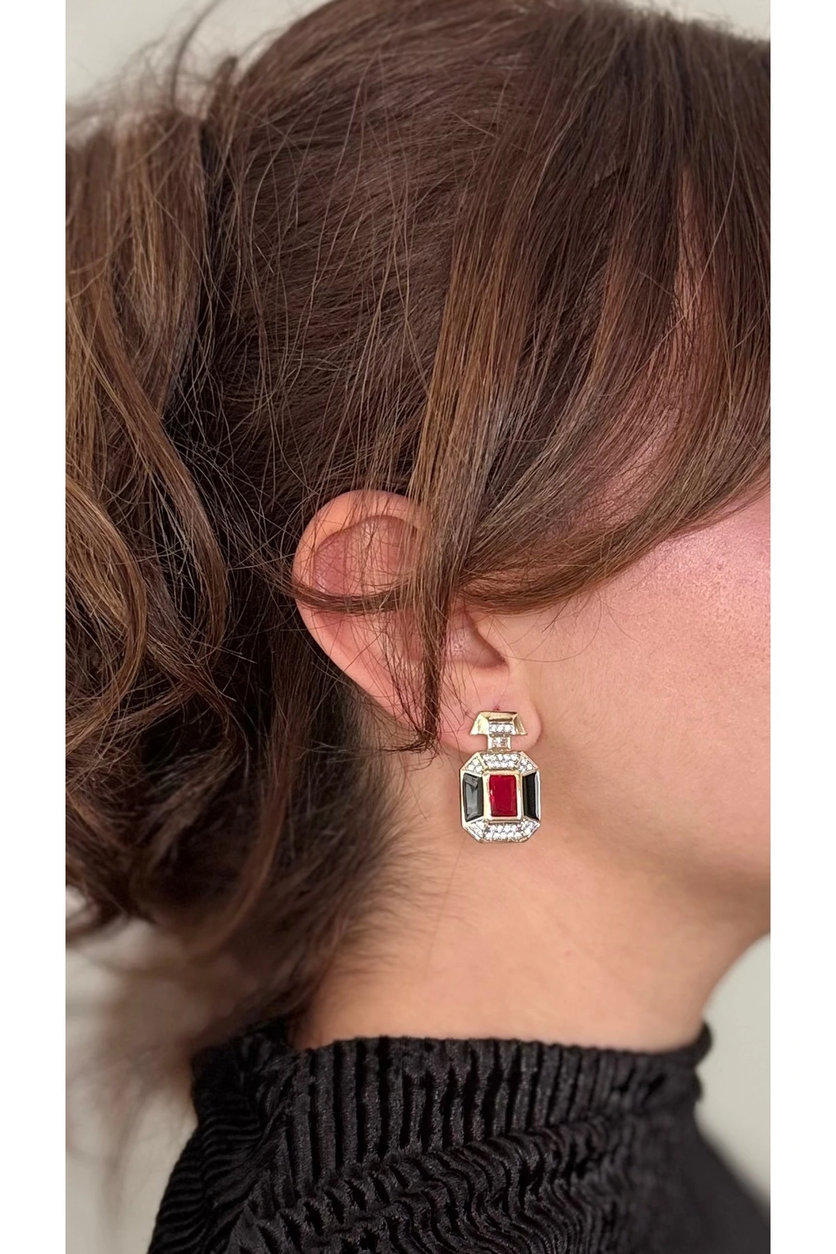 Art Deco Siyah & Kırmızı Taşlı Geometrik Küpe