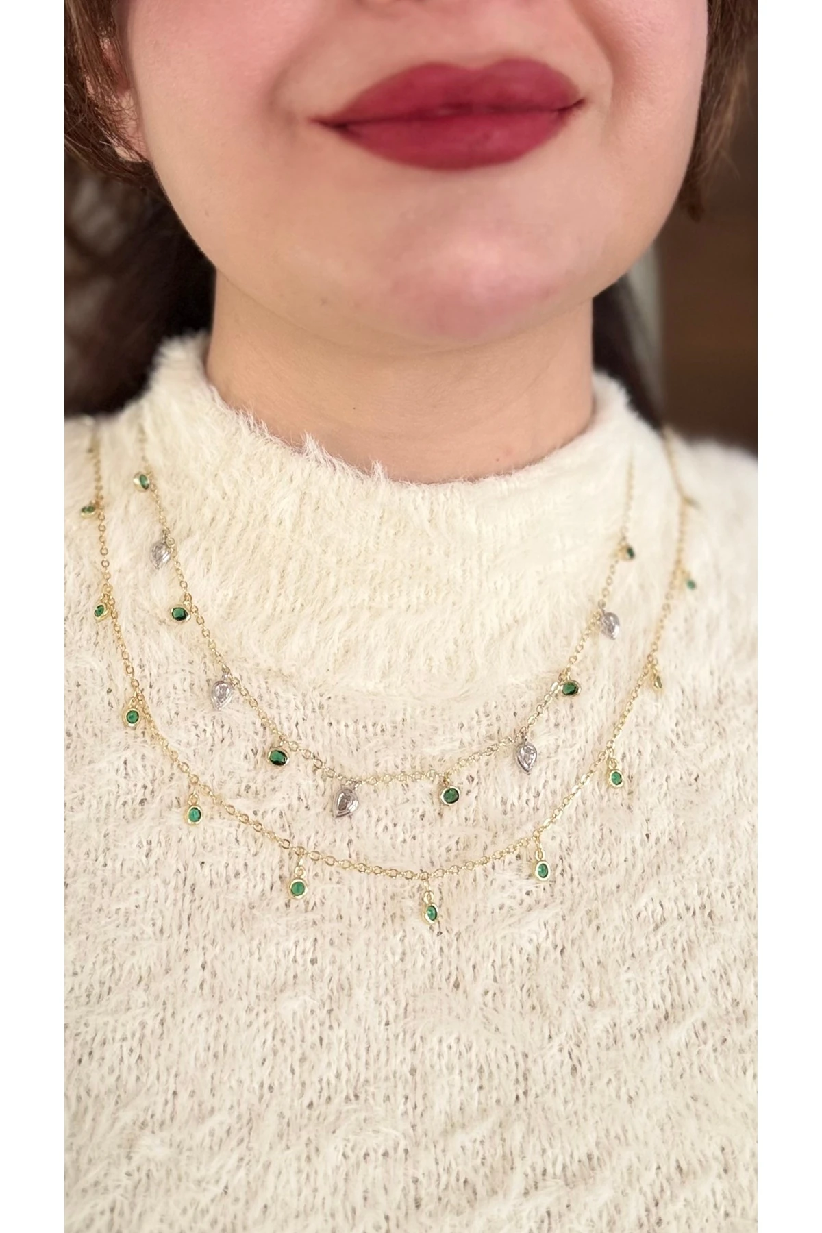 Zümrüt Yeşili ve Gri İnci Detaylı 2'li Layering Zincir Kolye Seti