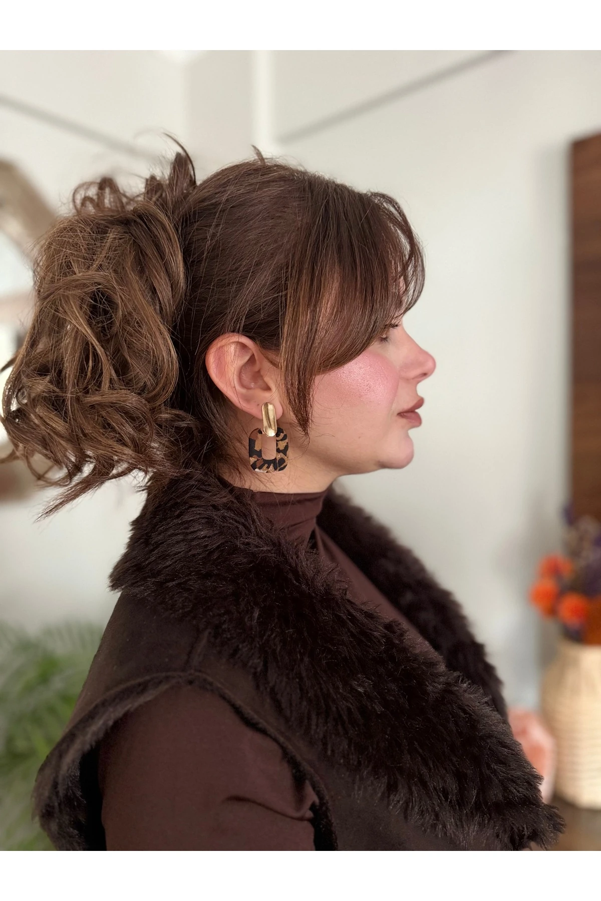 Leopar Desen Gold Detay Tasarım Küpe