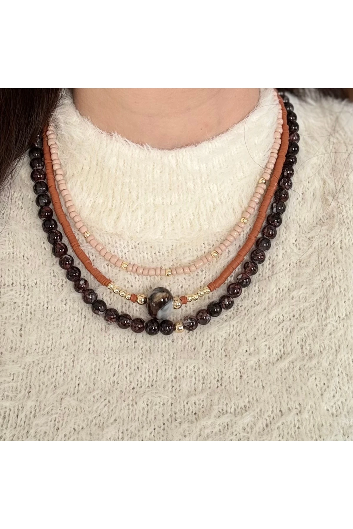 3'lü Bohem Katmanlı Garnet Doğal Taş Kolye Seti - Trendy Tasarım