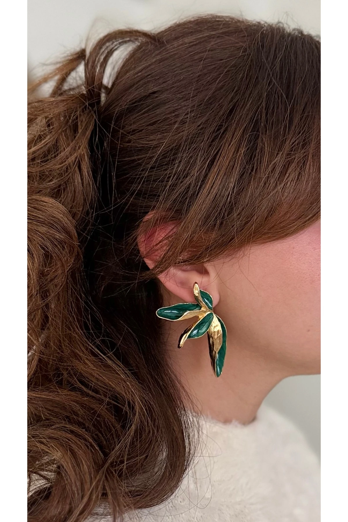 Orman Yeşili Mineli, Gold Yaprak Küpe