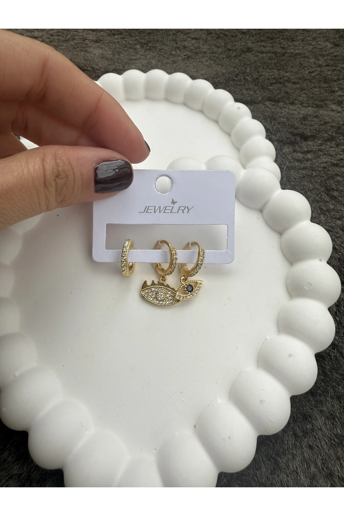 Altın Renk Nazar Figürlü Taşlı Çelik Küpe