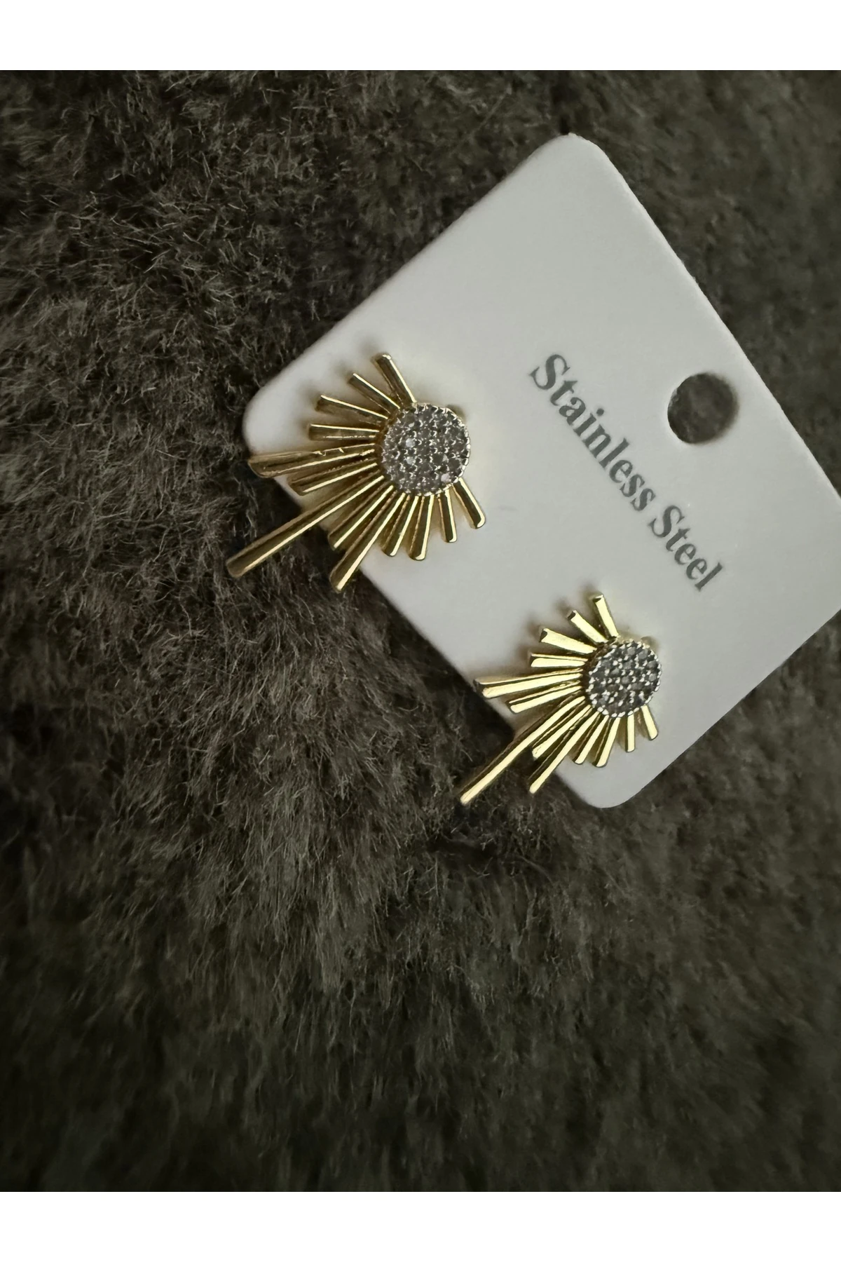 Güneş Model Taş Detaylı Küpe - Paslanmaz Çelik, Gold