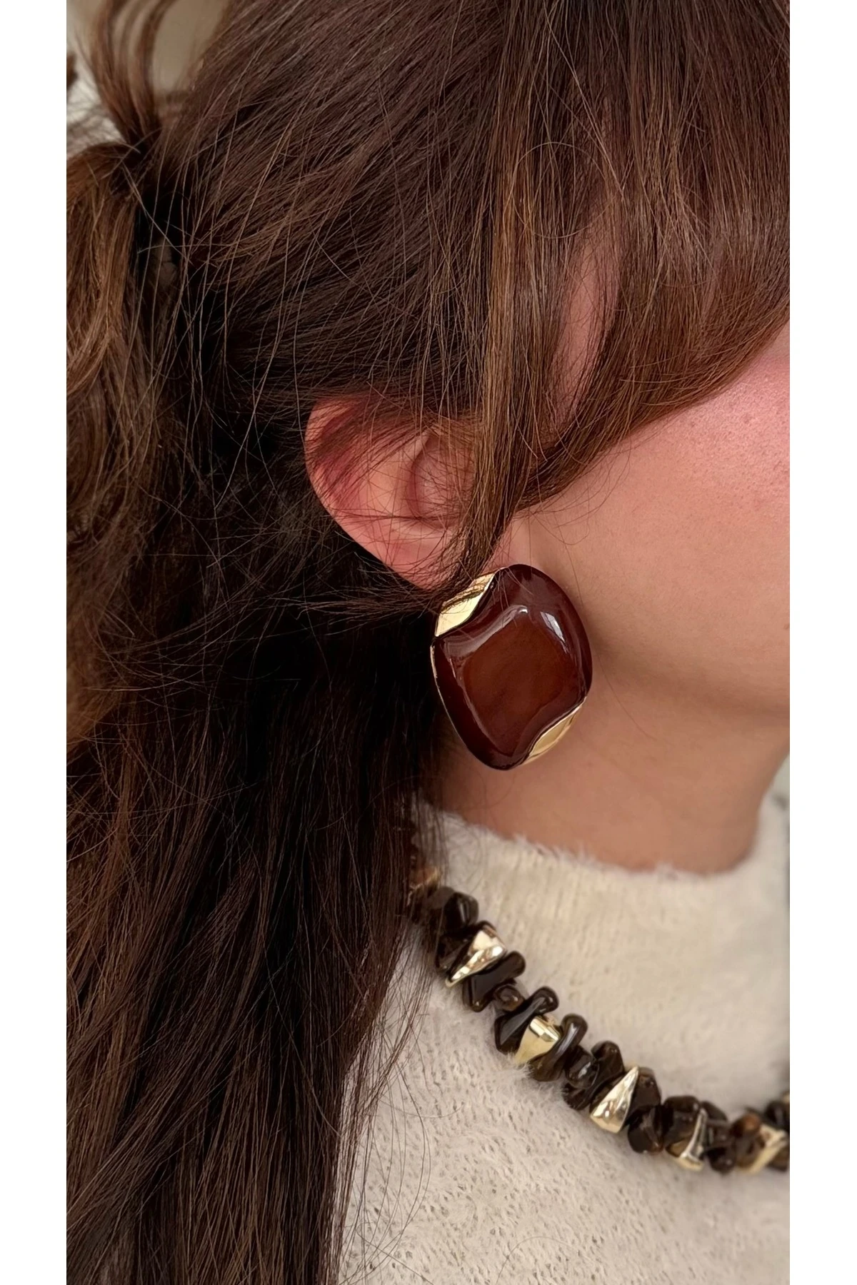 Geometrik Hatlı Büyük Form Kahve Küpe