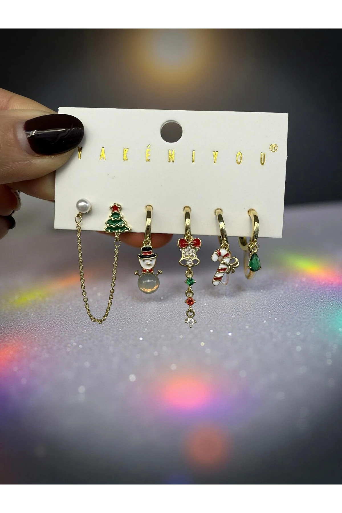 5’li Yılbaşı Konsept Tekli Küpe Seti – Altın Renk – Noel / Kardan Adam / Şeker Kamışı / İnci Zincir