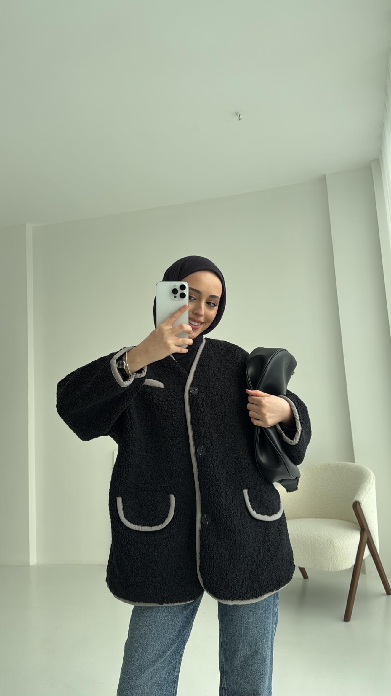 Düğmeli Oversize Teddy Ceket Siyah