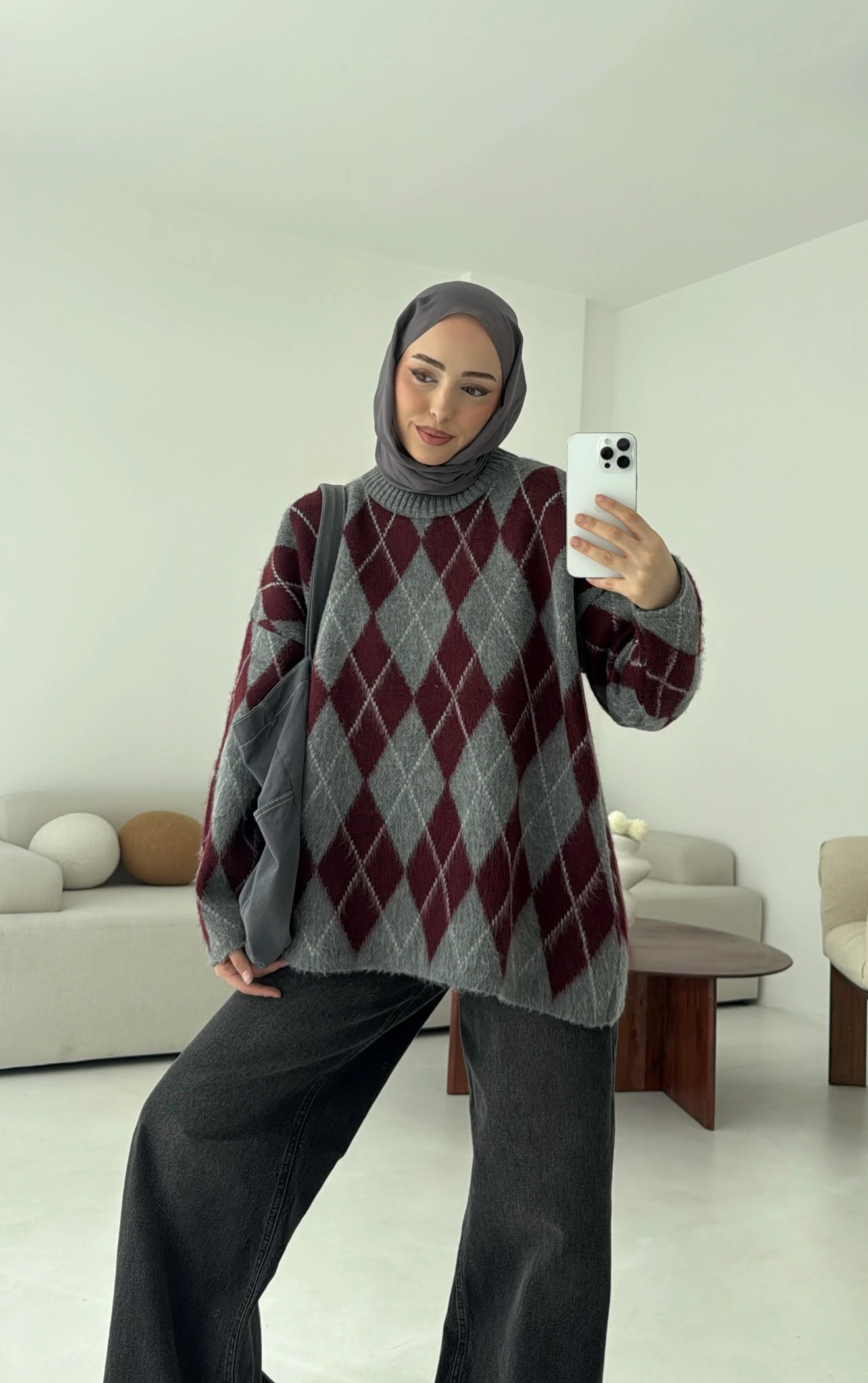 Premium Desenli Kalın Kazak Gri/Bordo