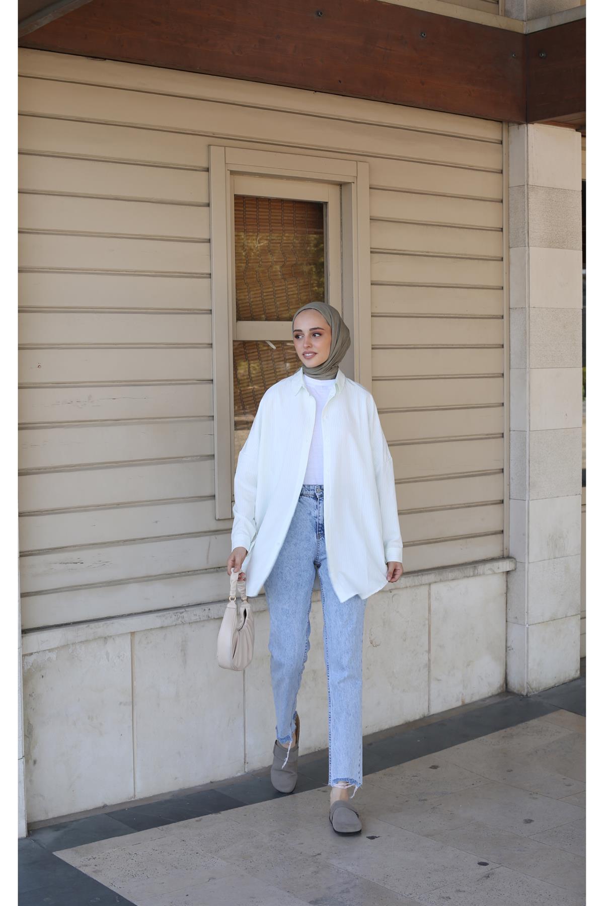 İnce Çizgili Haki Gömlek