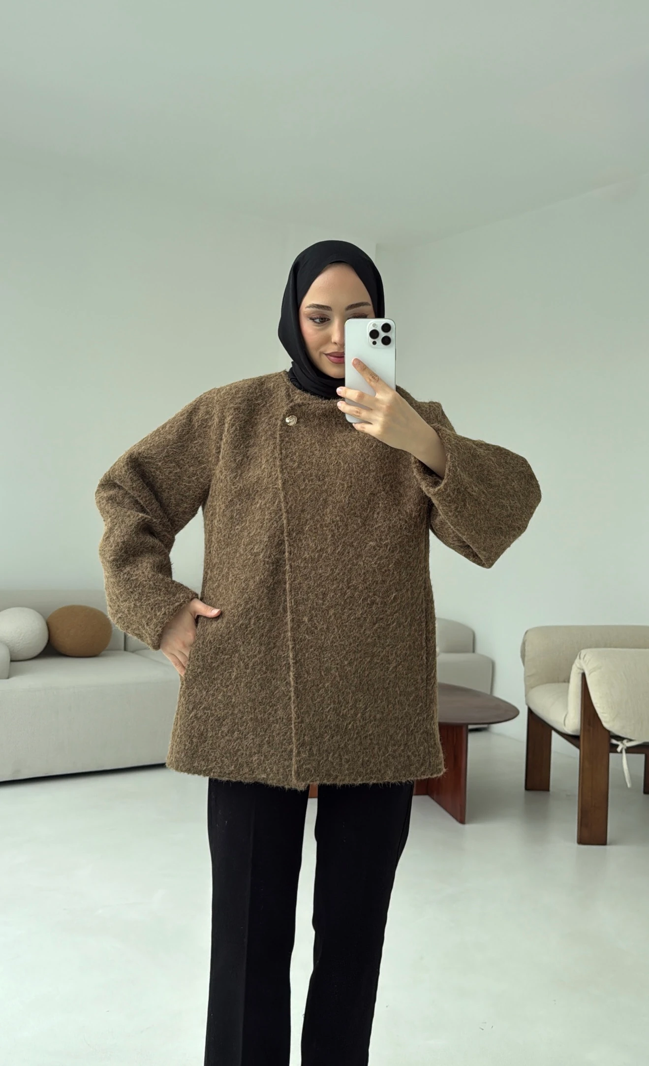 Tek Dügmeli Keçe Kaban Haki