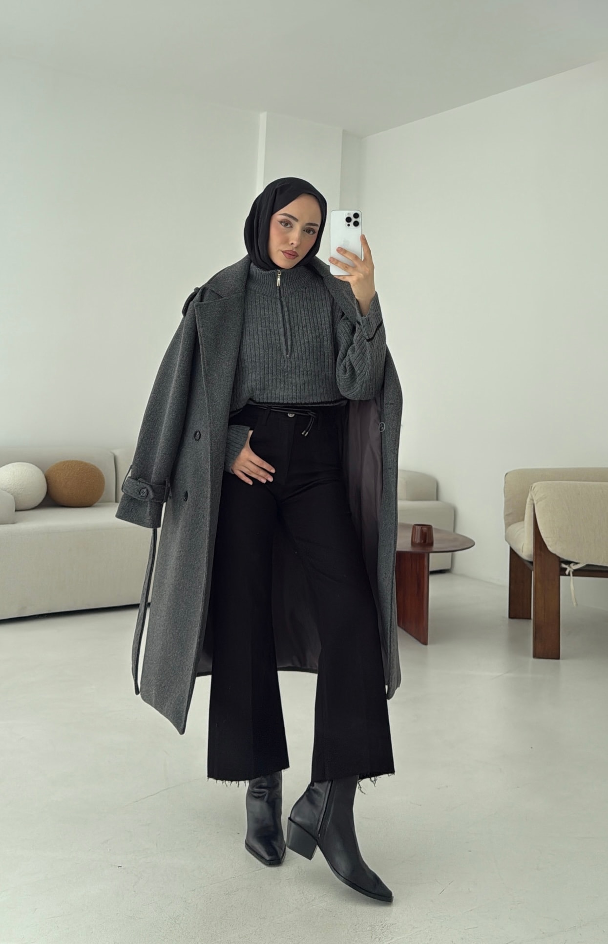 Premium Uzun Kaşe Kaban Antrasit