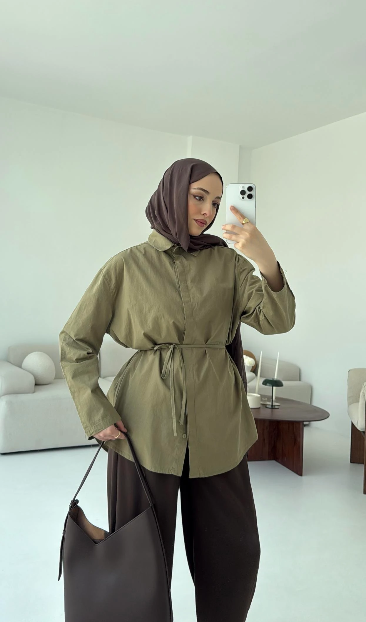 Kolları Pis Dikiş Kemerli Gömlek Haki