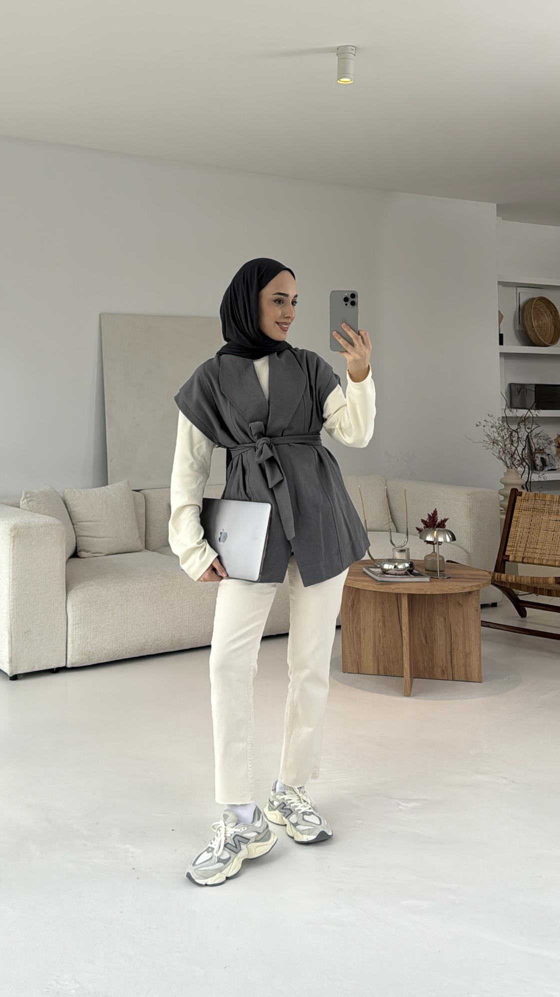 Pamuklu Gabardin Bağlamalı Yelek Gri