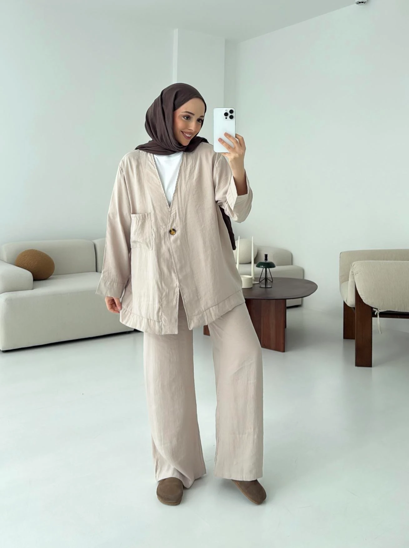 Tek Düğme Cepli Takım Bej