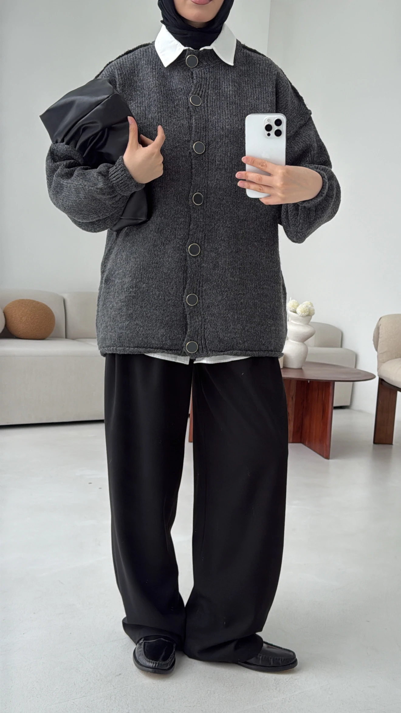 Düğmeli Triko Hırka Antrasit