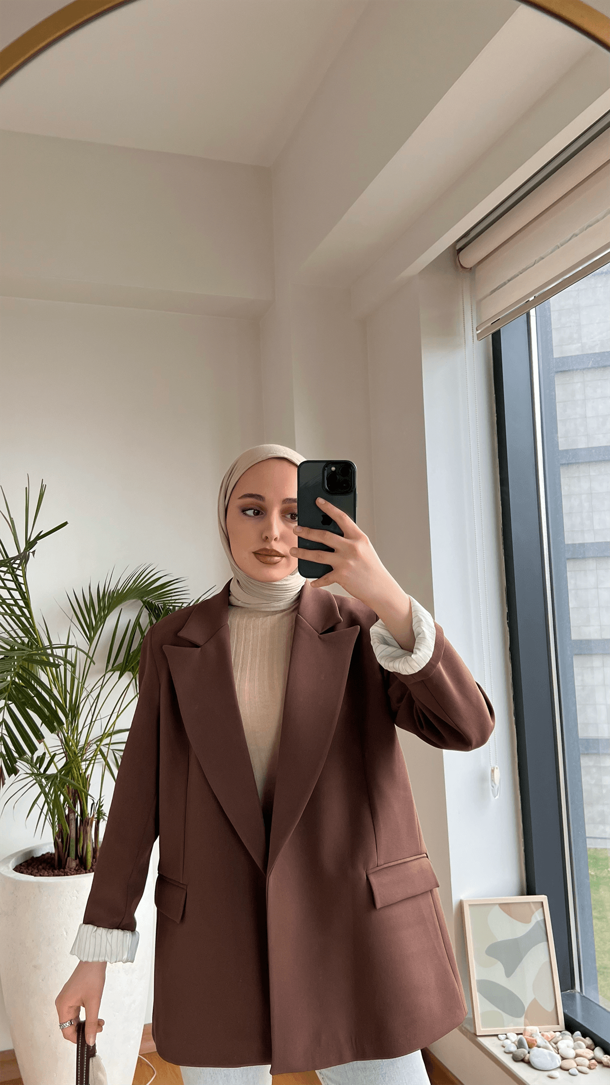 İç Astarı Çizgili Blazer Ceket Kahve