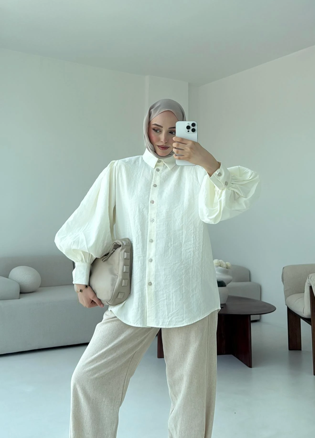 Cotton Balon Kol Gömlek Krem