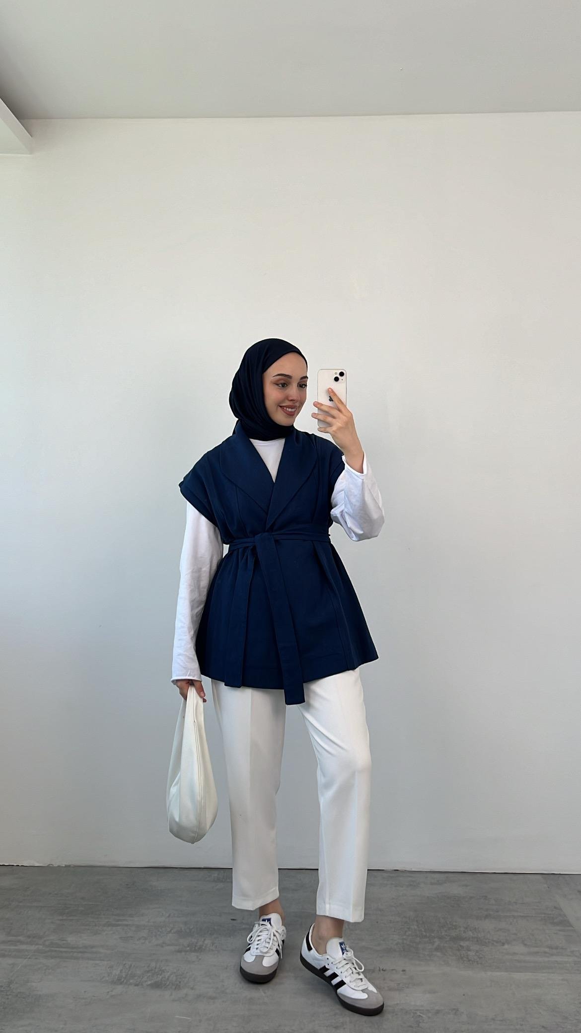 Bağlamalı Keten Yelek Lacivert