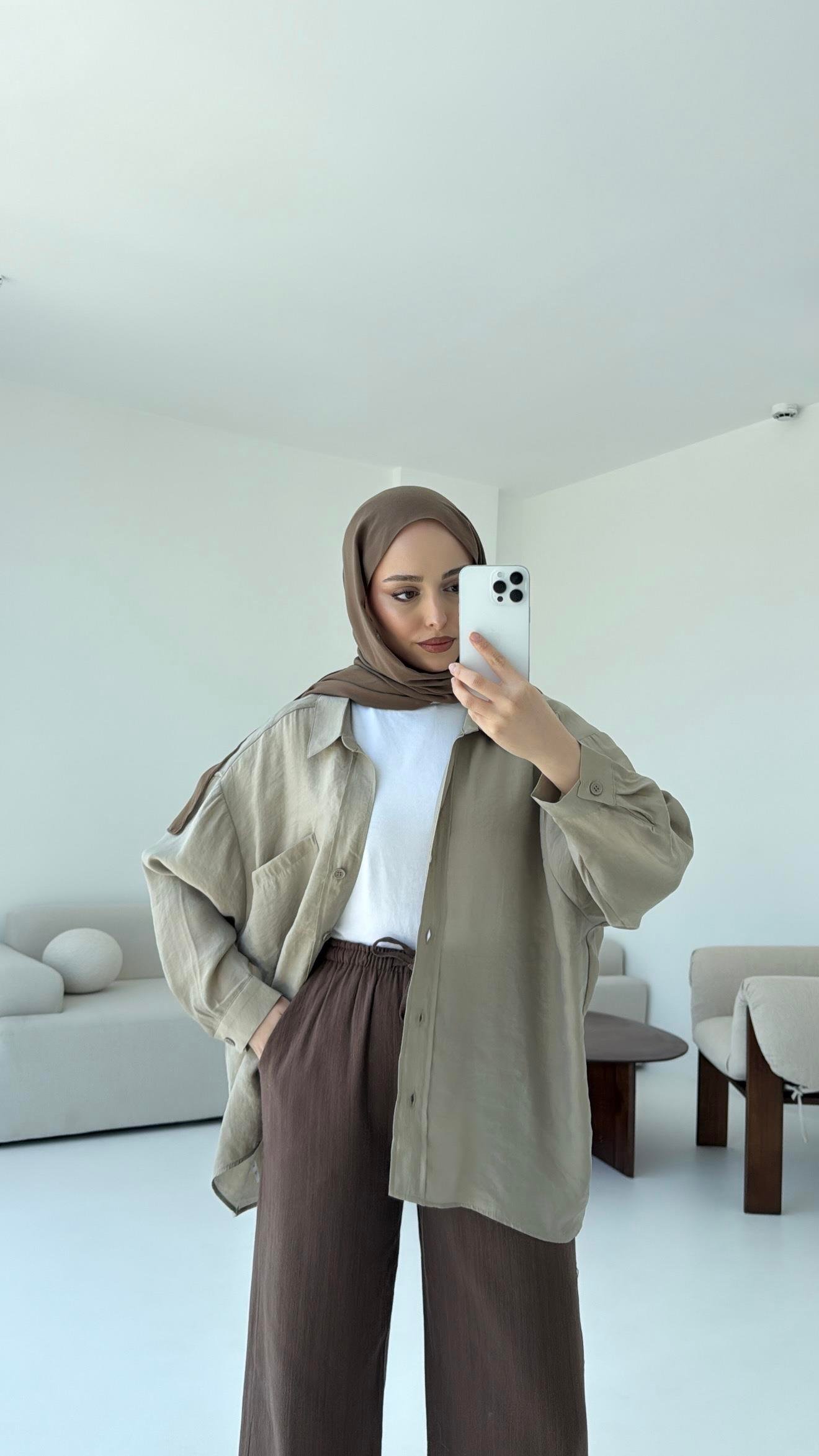 Düşük Omuz Oversize Gömlek Olive