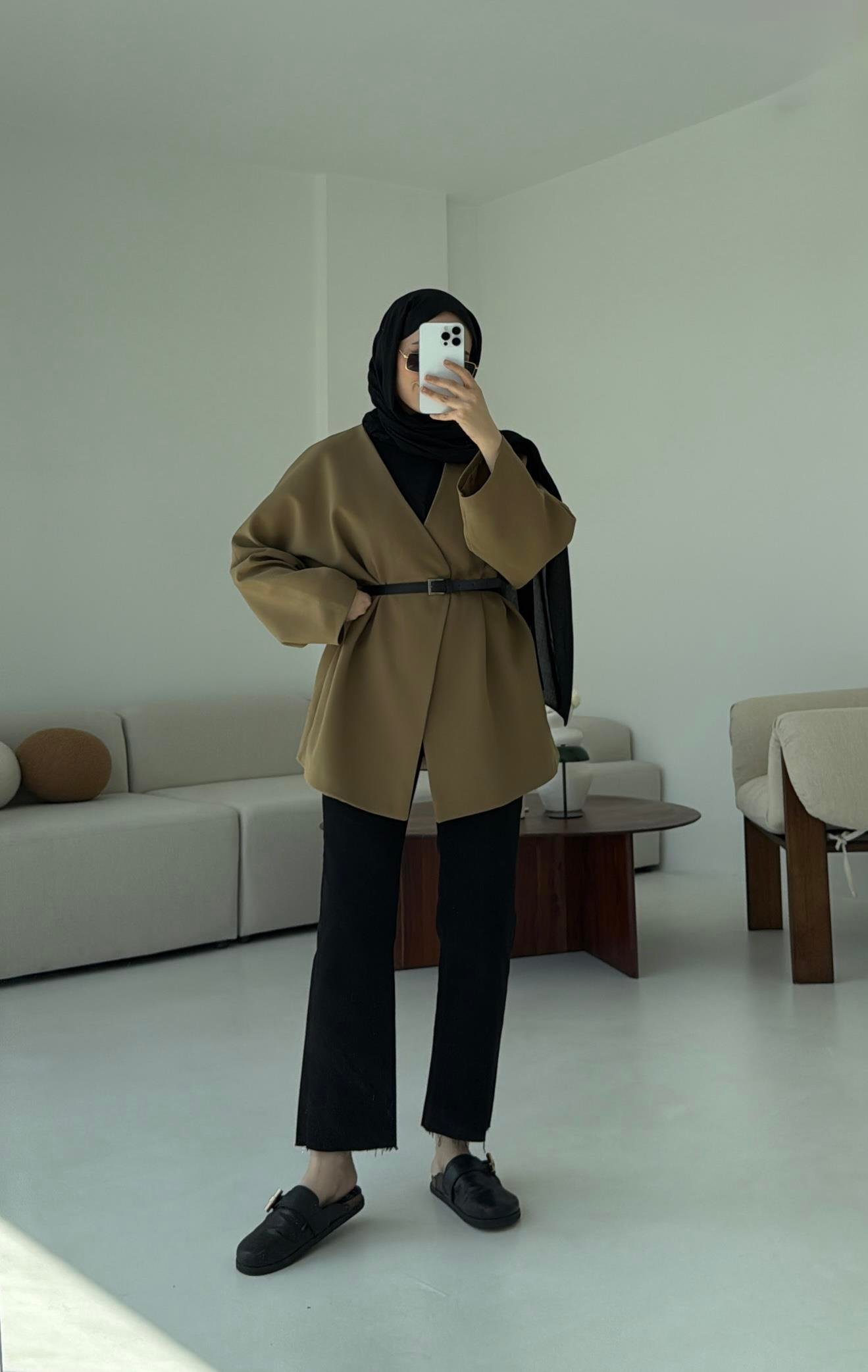 Deri Kemer Detay Oversize Ceket Olive
