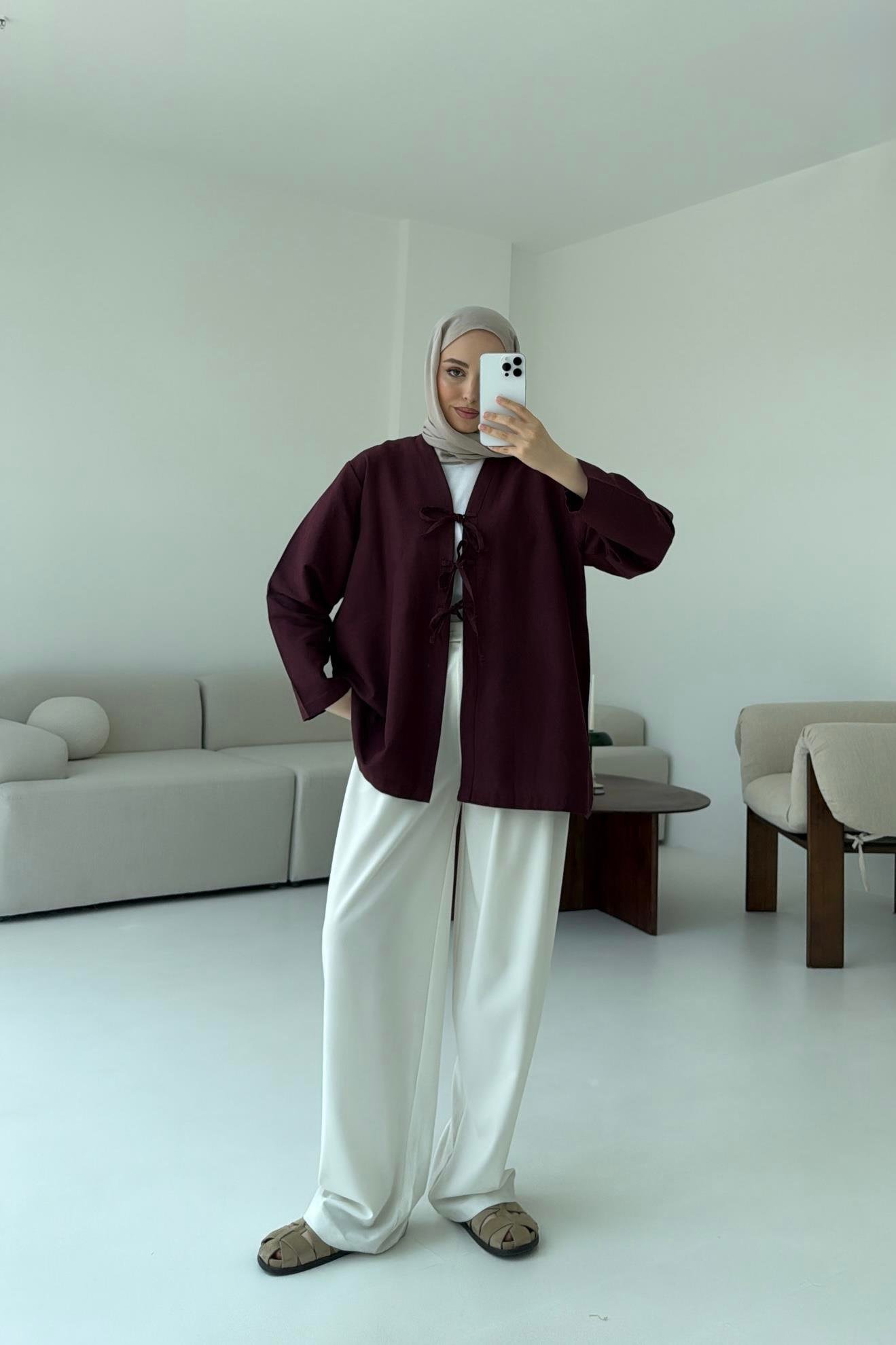 Keten Üç Bağlamalı Kimono Bordo