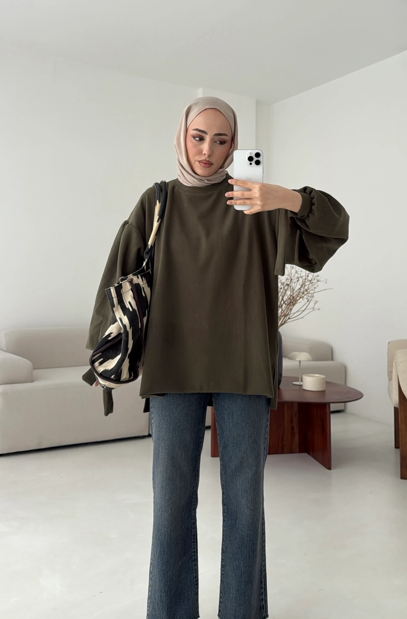 Selanik Balon Kol Bagcıklı Sweat Haki