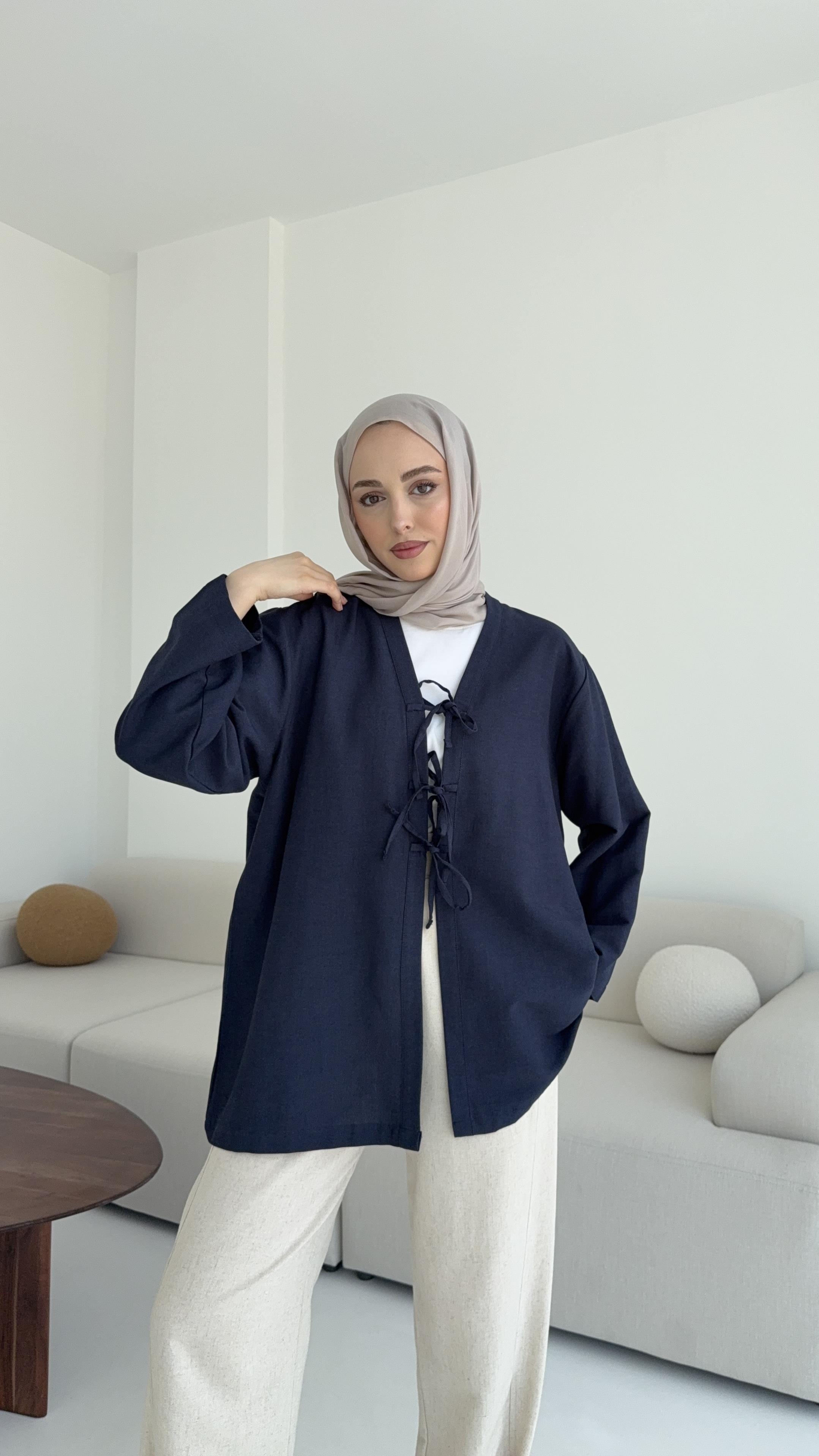 Keten Üç Bağlamalı Kimono Lacivert