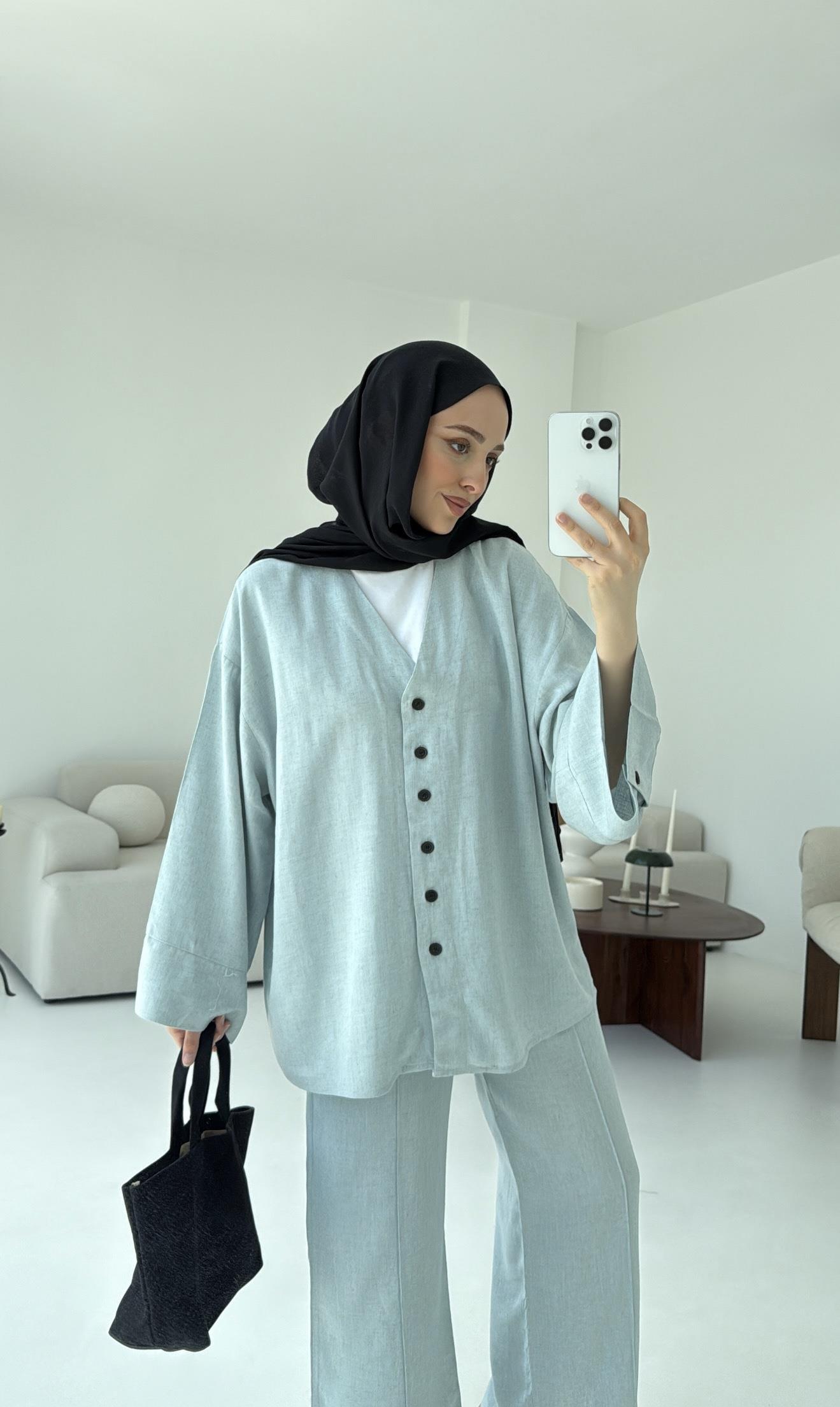Düğmeli Kimono Takım Mavi