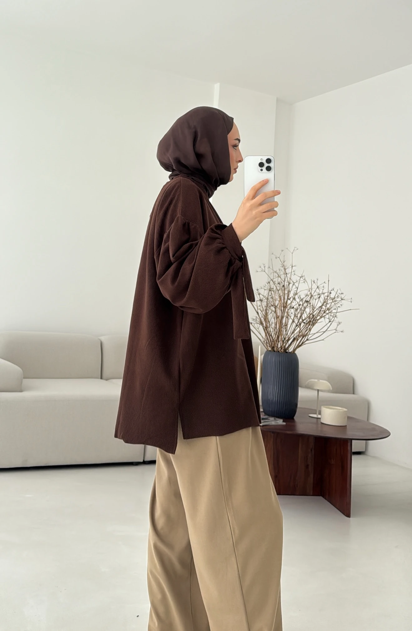 Selanik Balon Kol Bagcıklı Sweat Kahve 