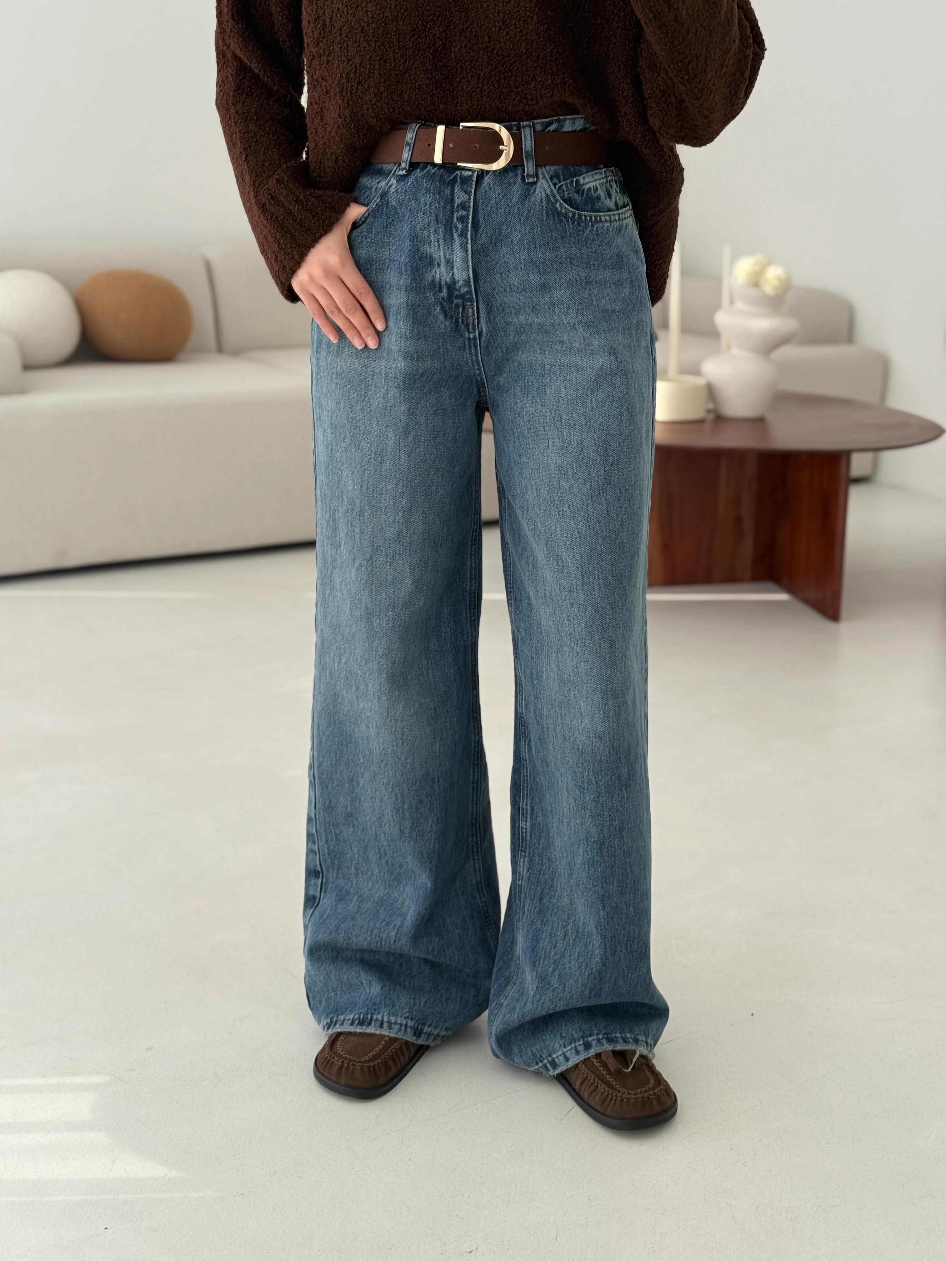 Wide Leg Kahve Kemerli Jean