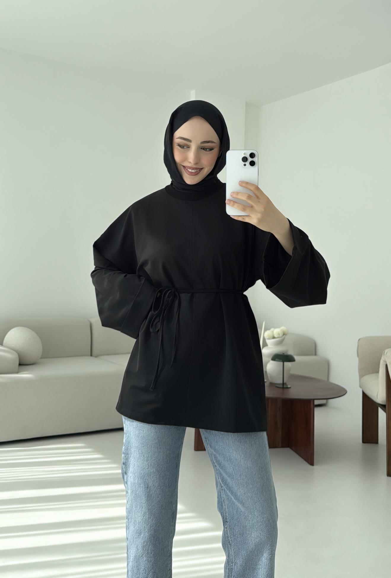 Bağlamalı Yanı Yırtmaç Detay Sweat Siyah