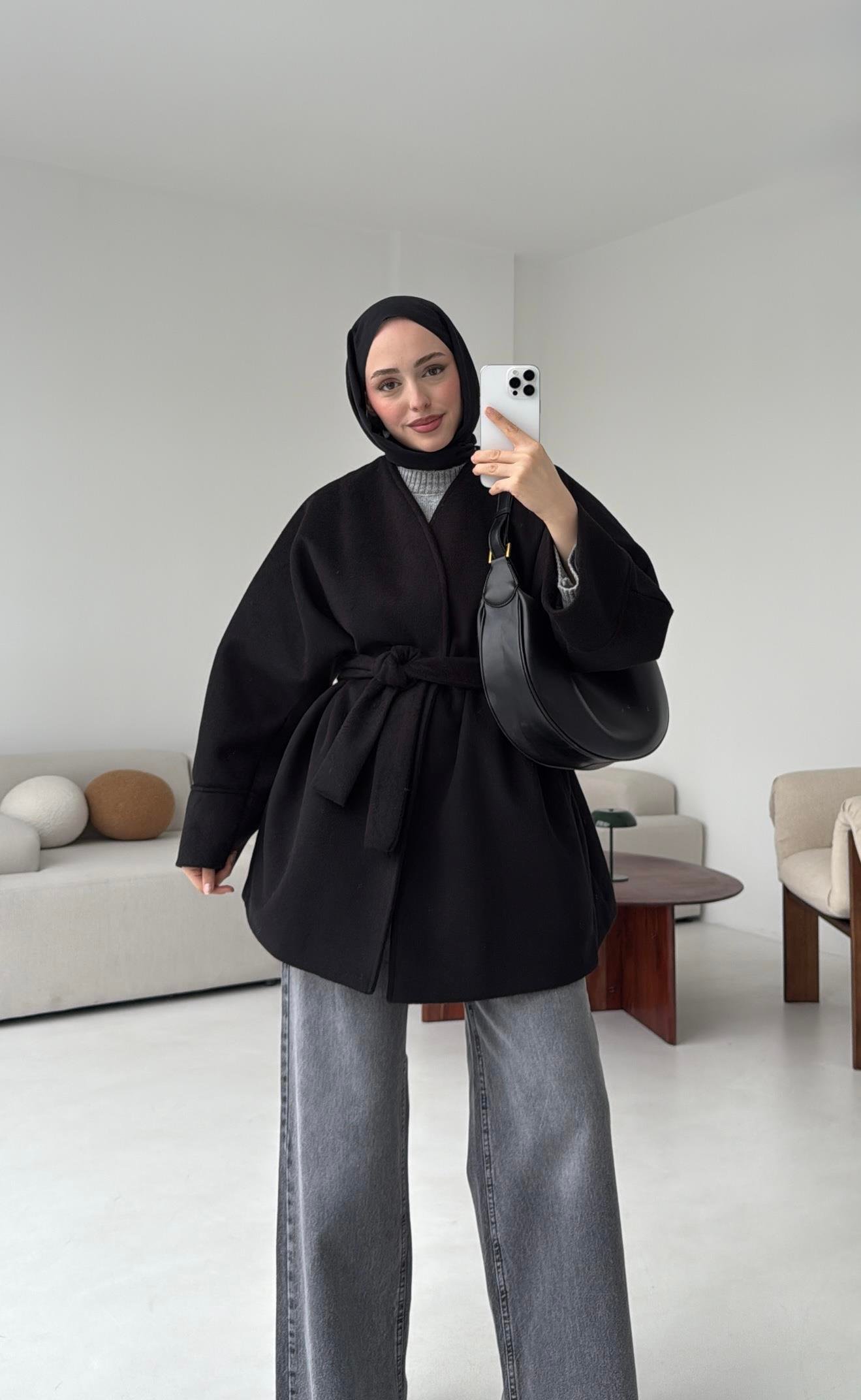 Premium Kuşaklı Kaşe Kaban Siyah