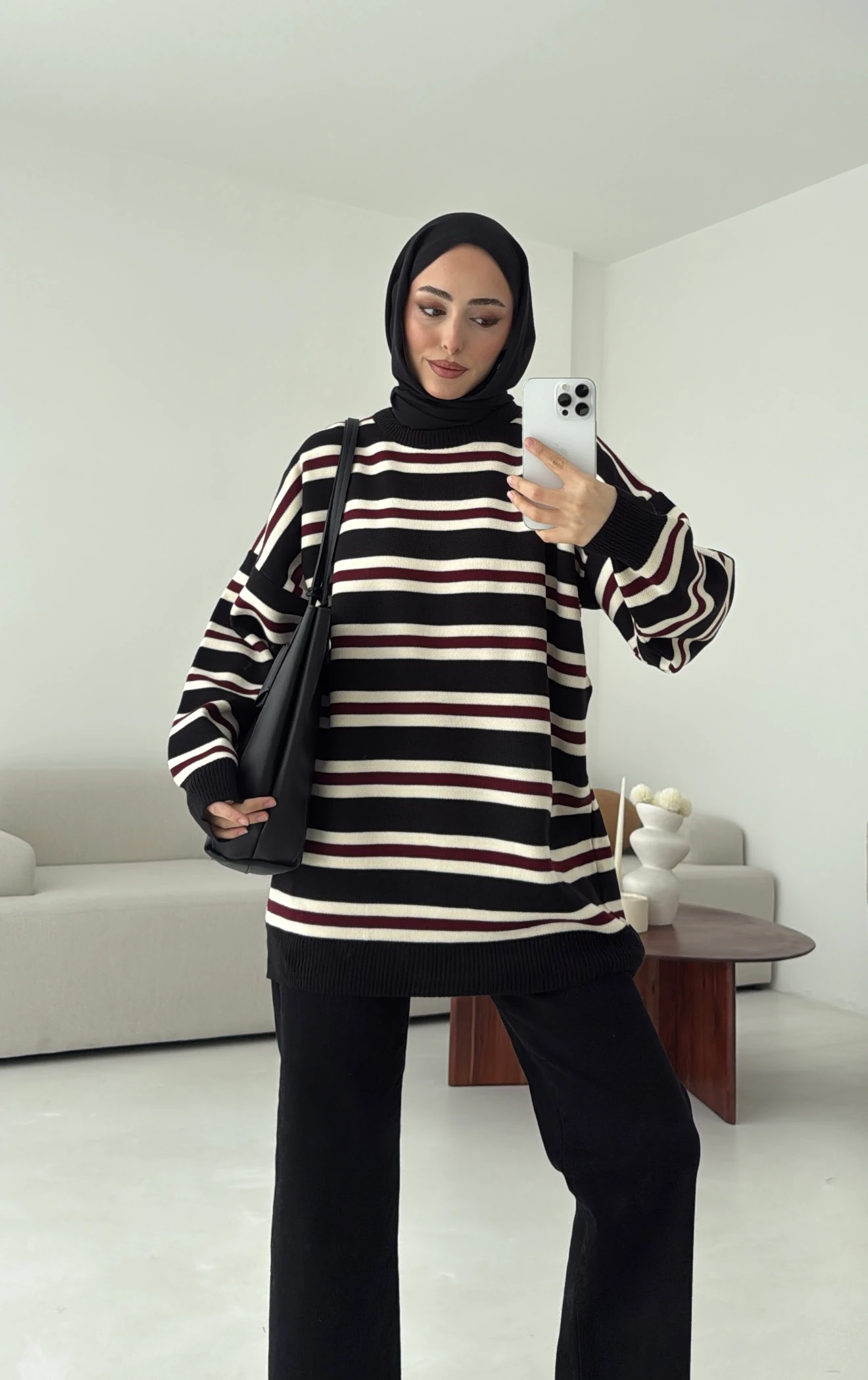 Bisiklet Yaka Çizgili Uzun Triko Kazak Siyah