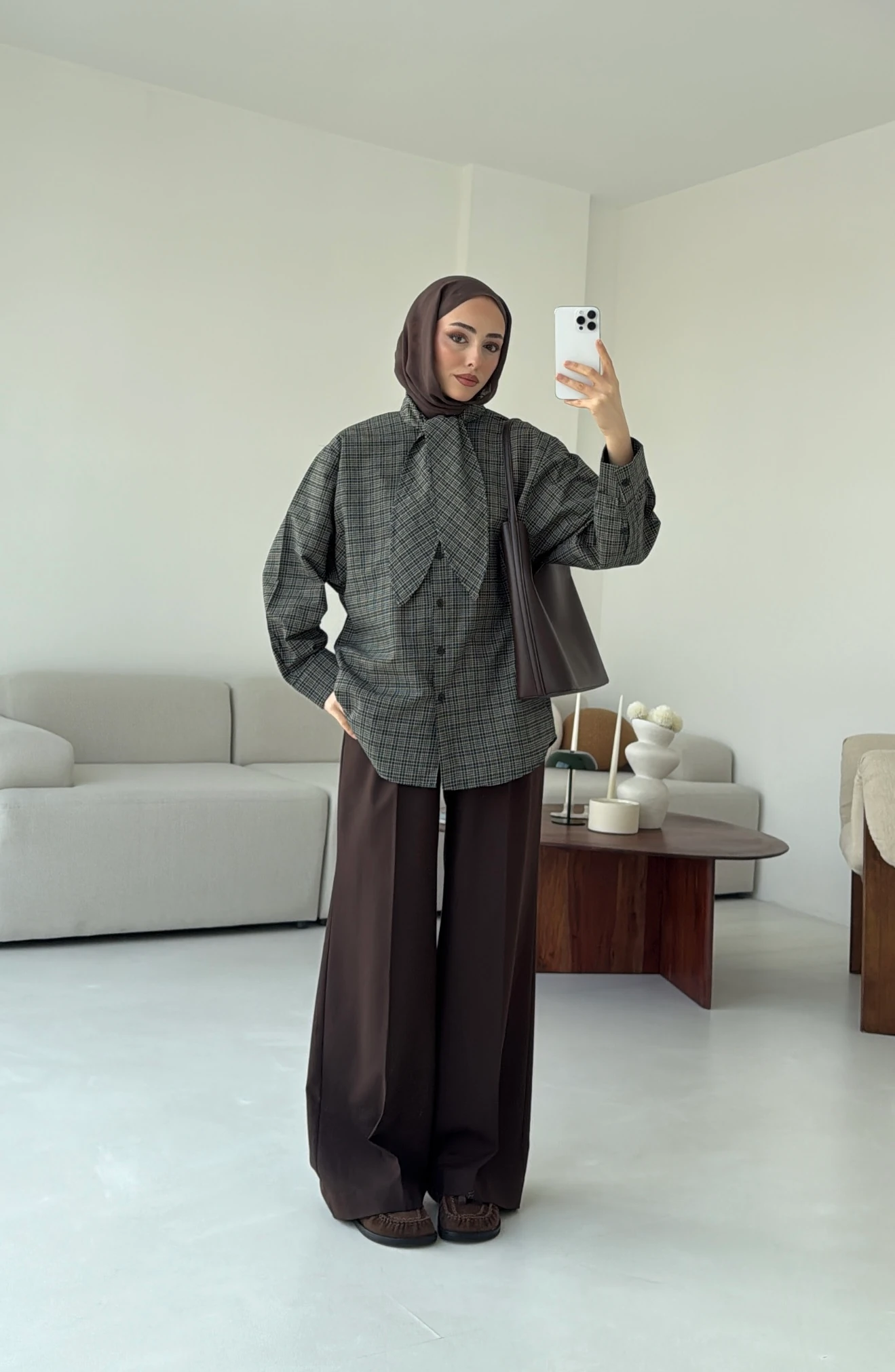 Fular Detay Ekose Gömlek Haki/Kahve