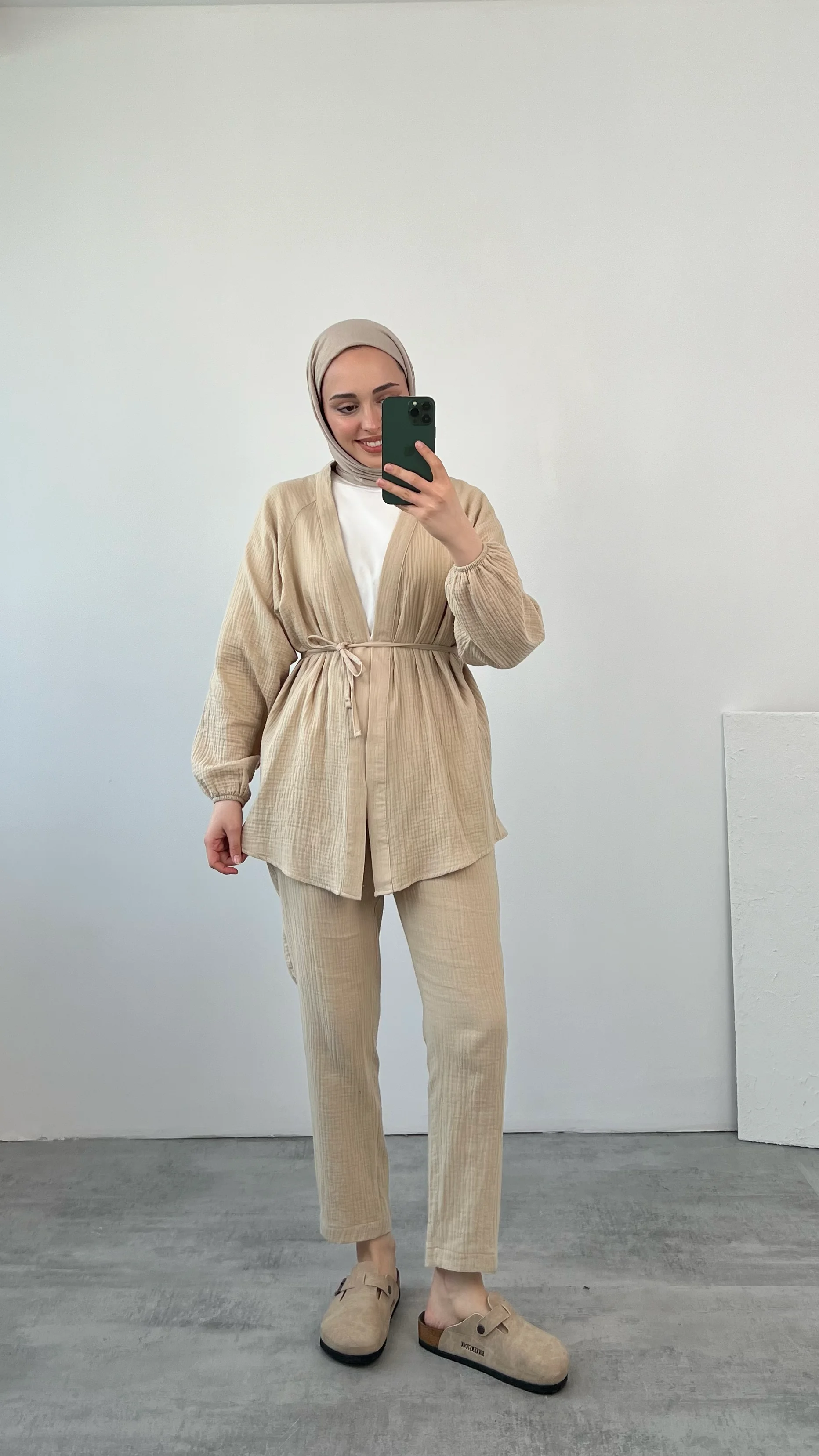 Kimonolu Bağlamalı Müslin Takım Bej