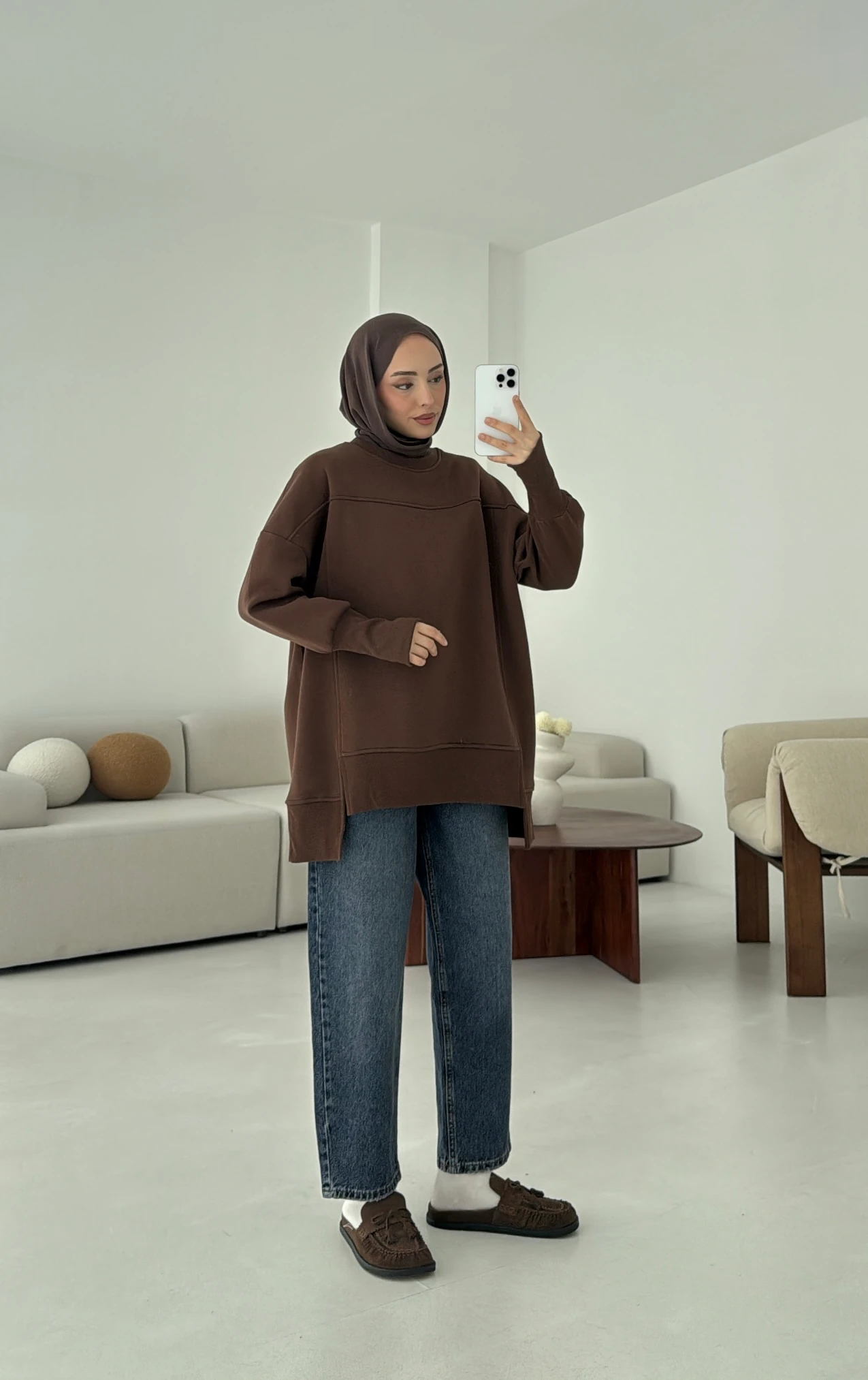 Parmak Geçmeli Asimetri Kesim Sweat Kahve