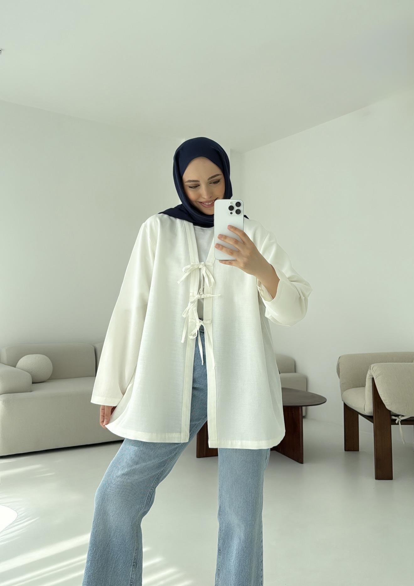 Keten Üç Bağlamalı Kimono Beyaz