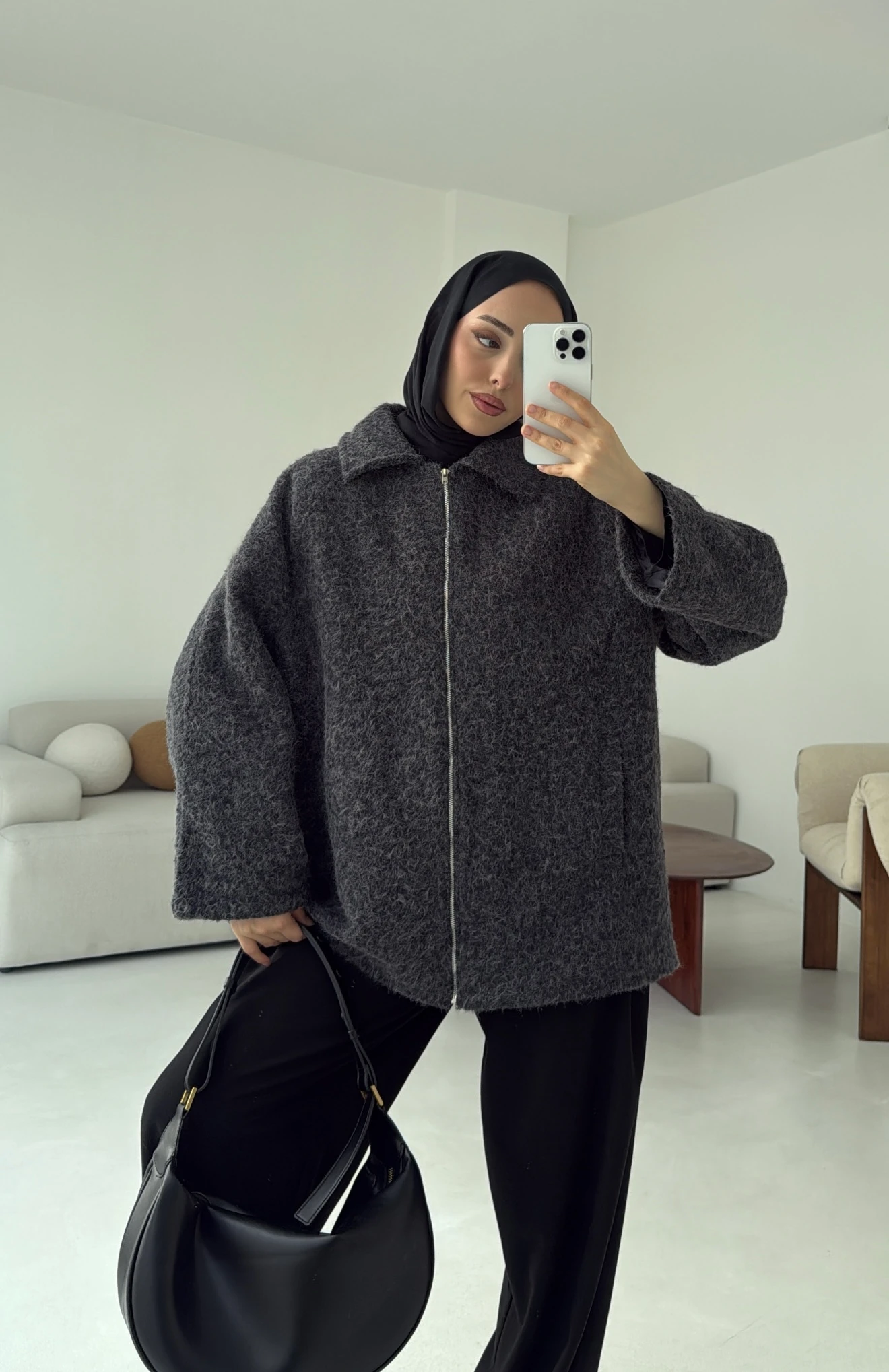 Kırçıllı Fermuarlı Kaban Antrasit