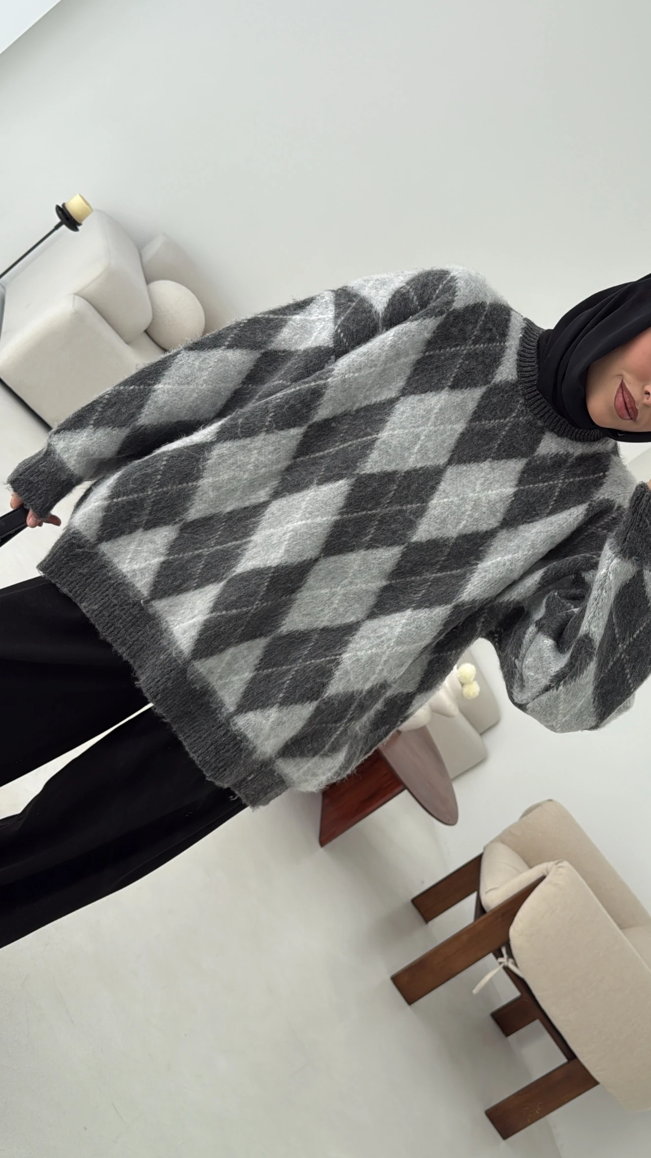 Baklava Desen Şardonlu Kazak Gri