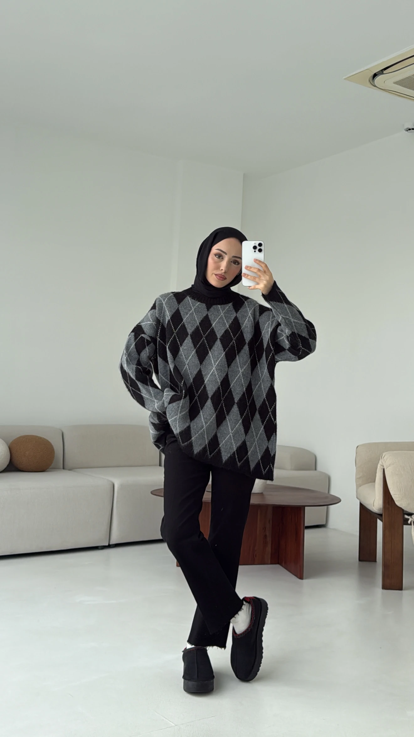 Premium Desenli Kalın Kazak Gri/Siyah