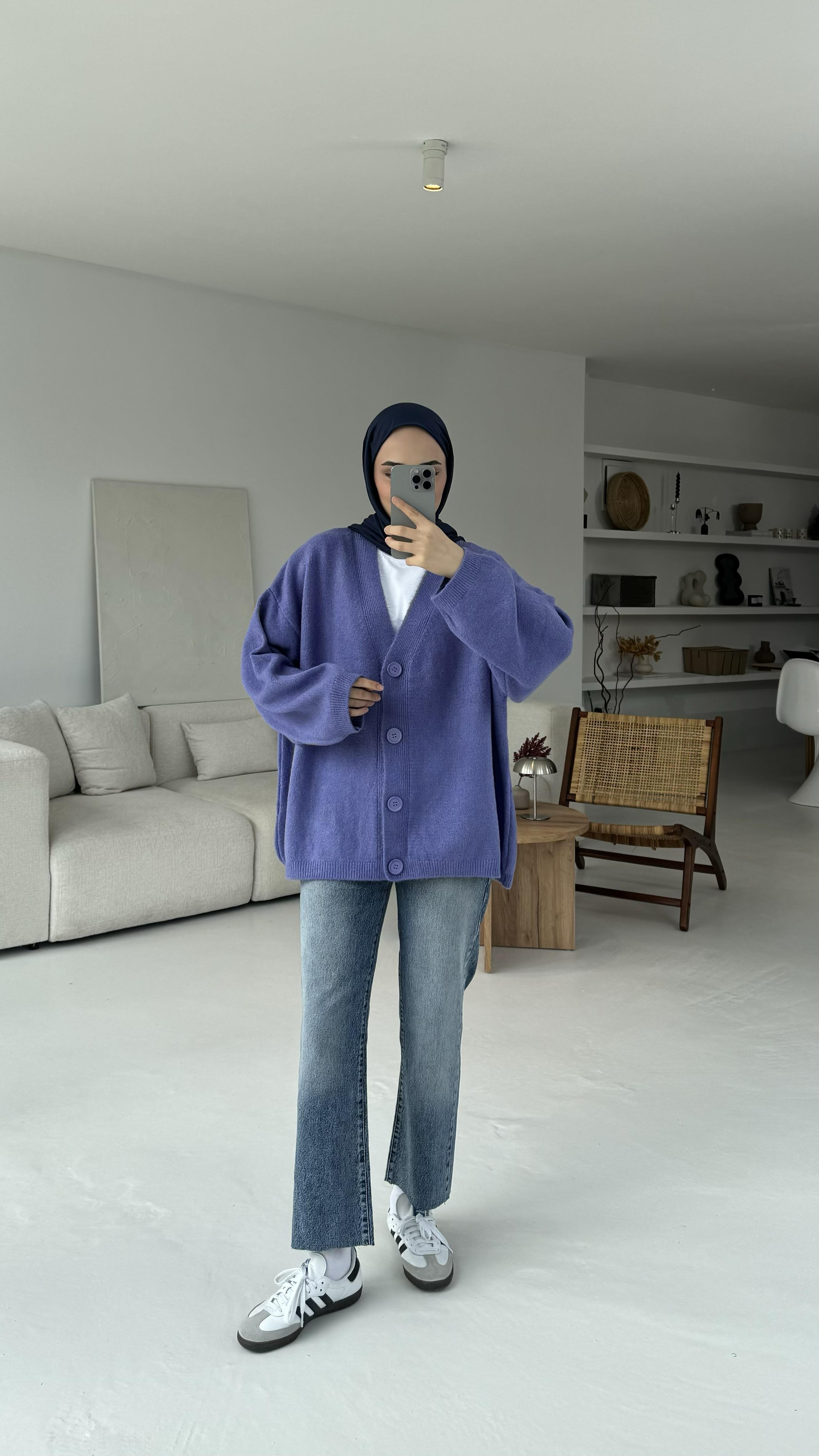 Oversize Yünlü Triko Hırka Lila