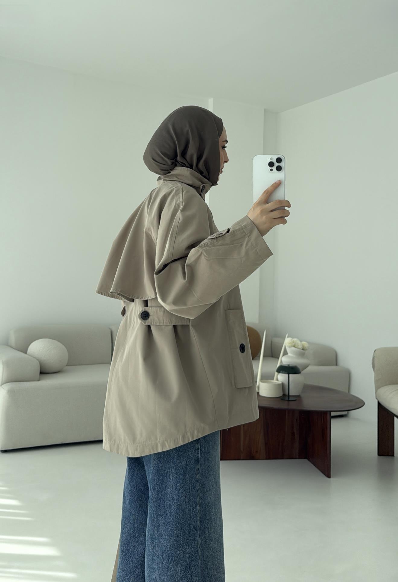 Minimal Yakalı Trençkot Vizon